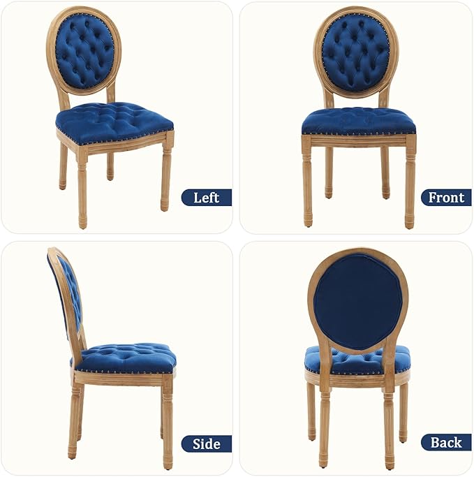 Velvet Dining Chairs Set of 2, Vintage Wooden Dining Chair with Solid Wood Legs, Upholstered Farmhouse Kitchen Chair for Living Room, Restaurant, Bedroom (Blue, Set of 2)