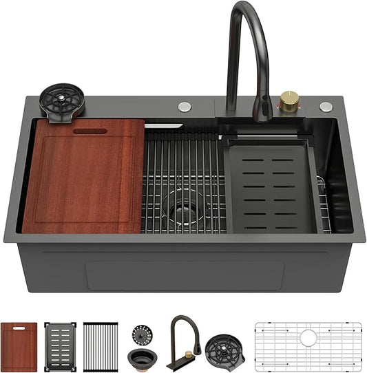 Sarlai 33 Inch Black Waterfall Kitchen Sink 33x19 Drop In Workstation Kitchen Sink Stainless Steel 16 Gauge Topmount Single Bowl Multifunctional Top Mount Sinks with Faucet Combo