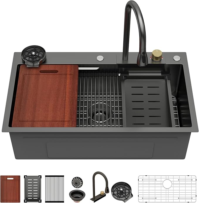 Sarlai 33 Inch Waterfall Kitchen Sink - 33x19 Black Waterfall Drop In Sink Workstation Stainless Steel 16 Gauge Sink Multifunction Single Bowl Smart Top Mount Kitchen Sinks with Faucet Combo