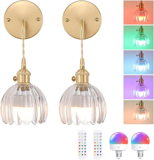 Shenmoyl Battery Operated Wall Sconce with Clear Tulip Shade Pattern Glass Adjustable Chain Retro Gold Wall Mounted Light, Modern Wall Decor for Bedside Bedroom Indoor Doorway， Set of 2