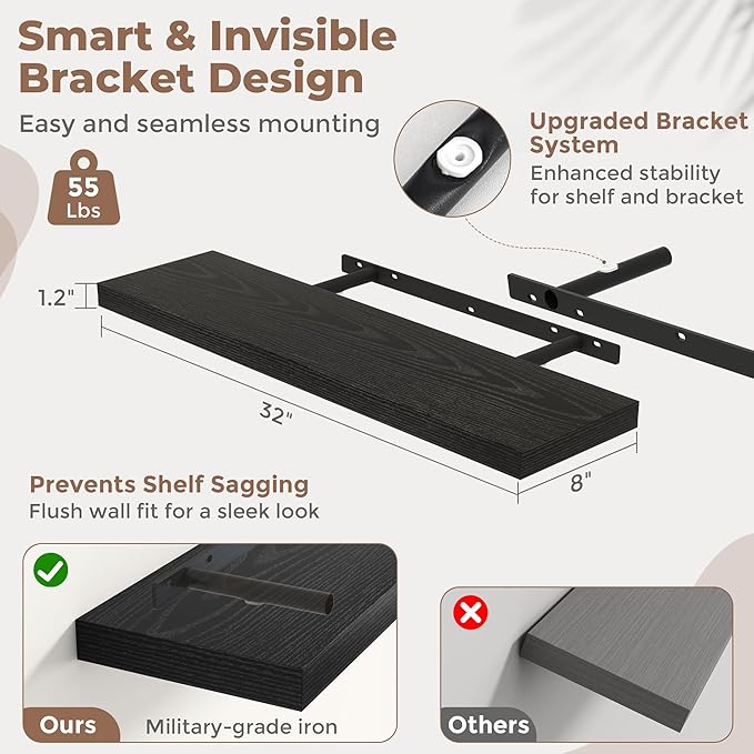 32 Inch Floating Shelves for Wall Set of 2, 8"D Wood Grain Bathroom Shelves with Invisible Brackets, Easy Install Engineered Wood Storage Shelves for Kitchen, Living Room, Bedroom, Black Finish