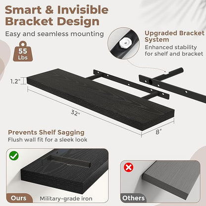 32 Inch Floating Shelves for Wall Set of 2, 8"D Wood Grain Bathroom Shelves with Invisible Brackets, Easy Install Engineered Wood Storage Shelves for Kitchen, Living Room, Bedroom, Black Finish