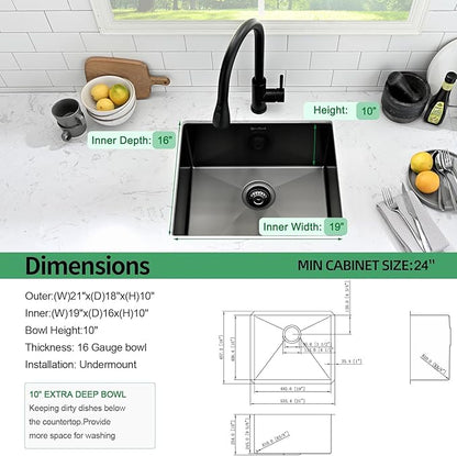 Undermount Kitchen Sink, 21 x 18 x 10 Inch Single Bowl Undermount Sink 16 Gauge T-304 Stainless Steel Gunmetal Black Kitchen Sinks