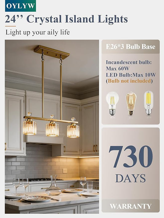 Crystal Island Light for Kitchen Over Table,Gold Linear Pendant Light for Dining Room Light Fixture,3-Lights Ceiling Hanging Chandeliers Dining Room Lighting Fixture with Luxury Crystal Shade