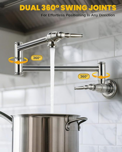 Pot Filler Faucet Brushed Nickel: Solid Brass Wall Mount Heavy Duty Stove Pot Filler with Double Joint Swing Arms - Single Hole Commercial Folding Stretchable Faucet 2 Handles for Kitchen Restaurant