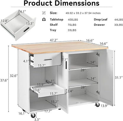Rolling Kitchen Island Cart with Foldable Counter Top,Slide-Out Shelf and Lockable Wheels,Towel Rack and Drawer,for Kitchen Living Room Dining Room (White@y)