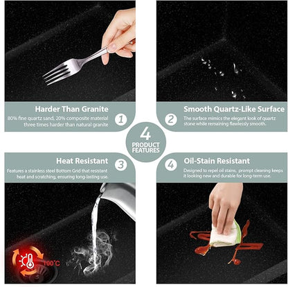 Kichae 28 inch Undermount Kitchen Sink Black - 28"x19" Granite Composite Kitchen Sink Ledge Workstation Undermount Black Quartz 10" Deep Under Counter Single Bowl Sinks
