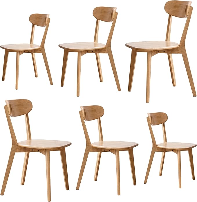 Wood Dining Chairs Set of 6 | Heavy Duty 400 lbs Commercial Grade | Natural Red Oak Finish | Mid Century Modern Curved Back Solid Wooden Chairs for Home Kitchen Restaurant | Easy Assembly