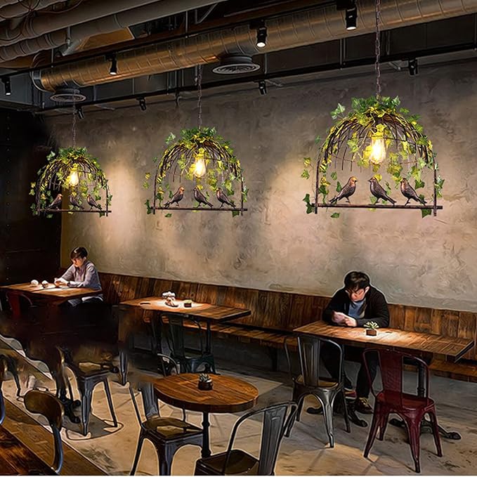 Plant Black Pendant Lighting For Kitchen Island Farmhouse, Black Resin Bird Cage Industrial Pendant Light, Retro Industrial Black Iron Bird Cage Green Plants Black Chandelier Farmhouse Restaurant