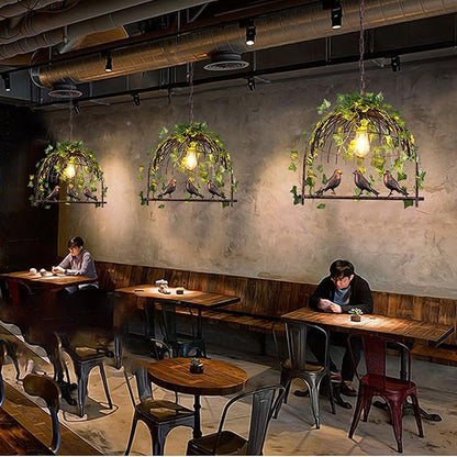Plant Black Pendant Lighting For Kitchen Island Farmhouse, Black Resin Bird Cage Industrial Pendant Light, Retro Industrial Black Iron Bird Cage Green Plants Black Chandelier Farmhouse Restaurant