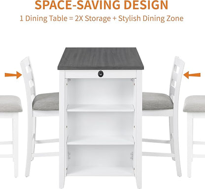 Bar Table Set with Charging Station & 3-Tier Storage, Space-Saving Dining Table Set for 2 with Upholstered Chairs, Small Kitchen Island for Apartment (36 Inch+Off White)