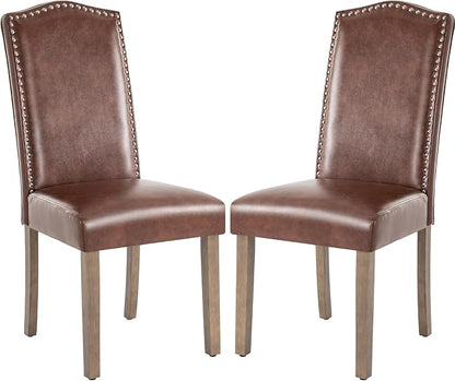 Upholstered Dining Chair Modern Stylish Parsons Kitchen Diner High Back with Silver Nailhead Trim & Wood Legs, Set of 2, PU Leather Dark Brown