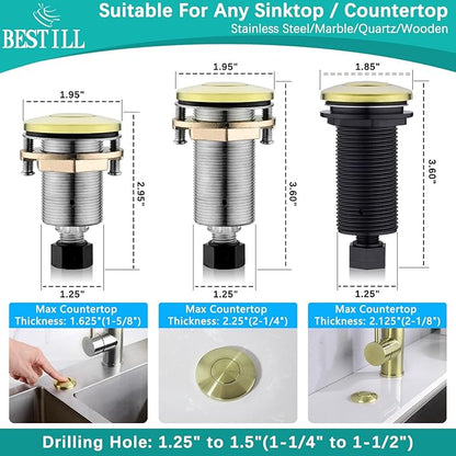 BESTILL Garbage Disposal Air Switch Kit - All Metal, UL Listed Long Push Button for Waste Disposer, Single Outlet Sink Top Solid Brass Air On/Off Button, Brushed Gold