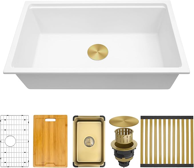 White Undermount Kitchen Sink 30 X 18 inch,Granite Composite Kitchen Sink Undermount/Drop In,Large Single Bowl Workstation Kitchen Sinks (White, 30" X 18")