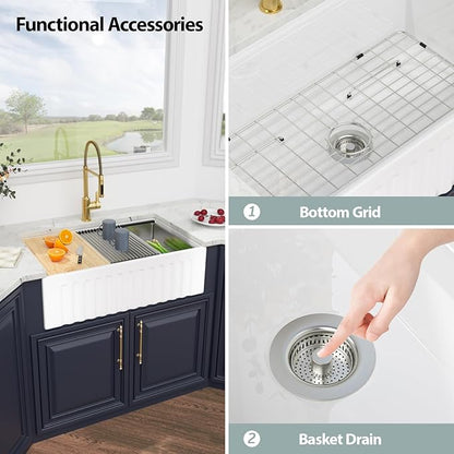 White Farmhouse Sink Fireclay Workstation Apron Front Farmer Kitchen Sink Reversible 30"x20" Undermount Single Bowl Kitchen Sink with Accessories