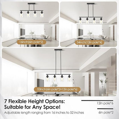 Dining Room Light Fixture, 4-Light Industrial Black Chandeliers for Dining Room, Height-Adjustable Dining Room Light Fixtures Over Table, Dining Room Chandelier Clear Glass Shade for Kitchen Island