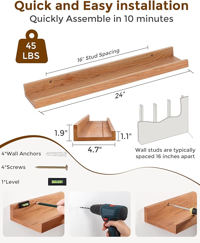 Axeman Cherry Picture Ledge Shelf, 24 Inch Floating Shelves Set of 2, Solid Wood Wall Shelves with Lip, Wall Decor Storage for Bedroom Living Room Bathroom Kitchen Nursery Photo, Natural Cherry
