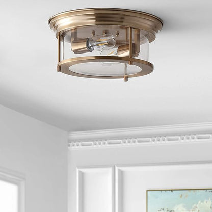 JONATHAN Y 13.25" Brass Gold 2-Light LED Flush Mount Ceiling Light Fixture, Modern Clear Glass Drum Shade, Industrial Farmhouse Lighting for Kitchen Hallway Bedroom JYL7446A
