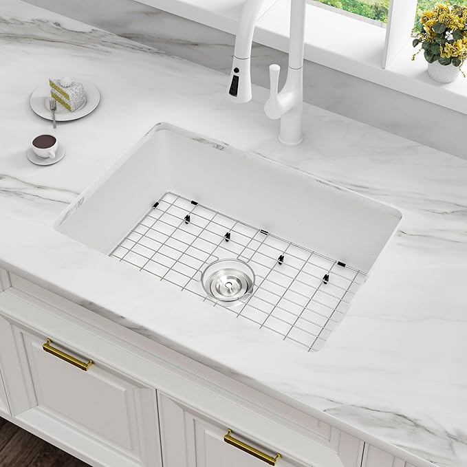 MILOSEN White Undermount Kitchen Sink, 28×18 inch White Granite Composite Kitchen Sinks, 9'' Depth Deep and Large Quartz Sink with Accessories, Pure White Single Bowl Large Capacity Basin for Kitchen