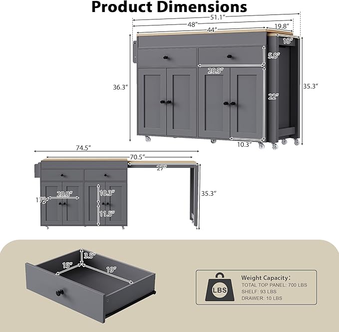 74.5 Inch Kitchen Island with Extendable Dining Table, Rolling on Wheels, Spice Rack, 2 Drawers, 4 Door Cabinet(Gray)