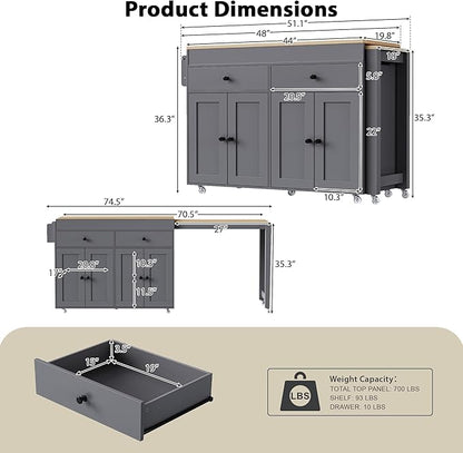 74.5 Inch Kitchen Island with Extendable Dining Table, Rolling on Wheels, Spice Rack, 2 Drawers, 4 Door Cabinet(Gray)