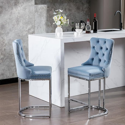 26" Counter Height Bar Stools Set of 2, Modern Velvet Barstools with Button Back&Rivet Trim Upholstered Kitchen Island Chairs with Sturdy Chromed Metal Base Legs,for Living Room