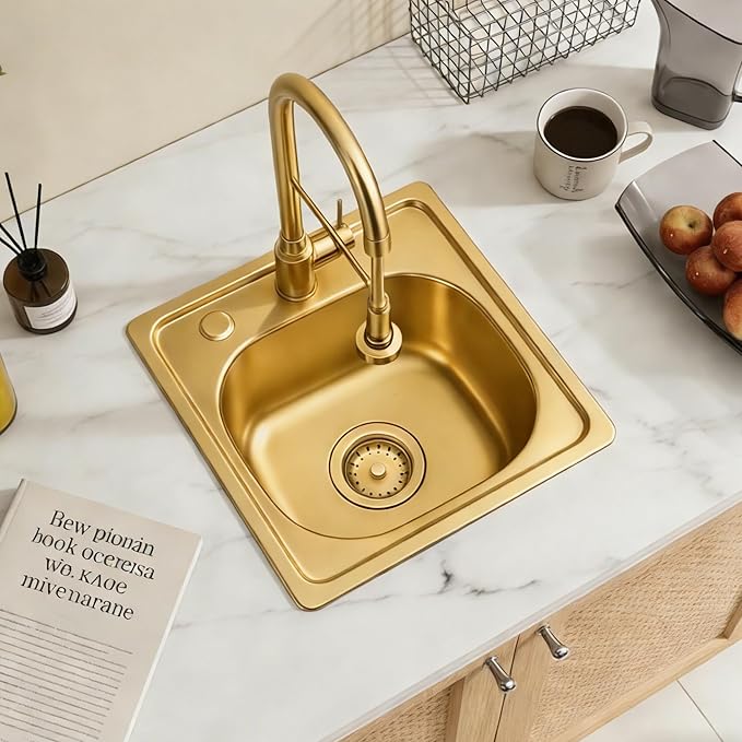 MILOSEN 15 x 15 inch Gold Drop in Bar Sink, T304 Stainless Steel Topmount RV Small Kitchen Sinks, Gold Deep Outdoor Single Bowl Wet Bar&Prep Sinks with Strainer, Brushed Nickel