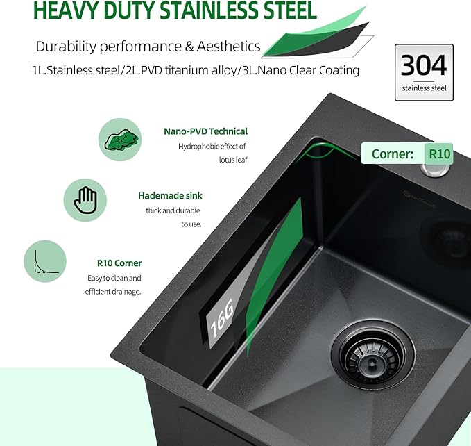 Drop In Kitchen Sink, 15 x 20 Inch Single Bowl Topmount Small Bar Sink 16 Gauge T-304 Stainless Steel Gunmetal Black Kitchen Sinks