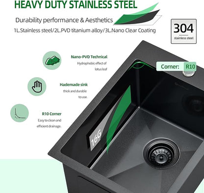 Drop In Kitchen Sink, 15 x 20 Inch Single Bowl Topmount Small Bar Sink 16 Gauge T-304 Stainless Steel Gunmetal Black Kitchen Sinks