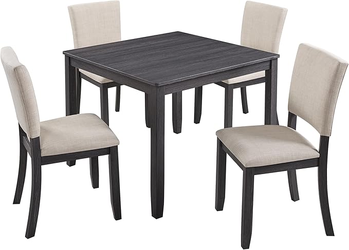 5-Piece Modern Wooden Dining Table Set for 4, Dining Table Set for 4 People with Upholstered Chairs, Square Kitchen Table and Chairs Set for Dining Room and Kitchen, Antique Black + Beige