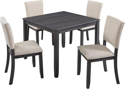 5-Piece Modern Wooden Dining Table Set for 4, Dining Table Set for 4 People with Upholstered Chairs, Square Kitchen Table and Chairs Set for Dining Room and Kitchen, Antique Black + Beige