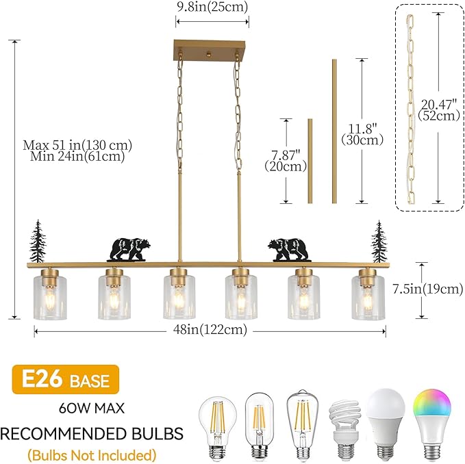 Gold Dining Room Light Fixture/Chandelier Over Table,6-Light Kitchen Island Lighting Hanging for Farmhouse Linear Chandeliers Ceiling Pendant Light Fixtures with Clear Glass Shade