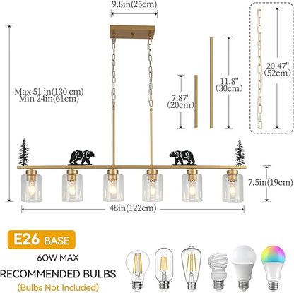 Gold Dining Room Light Fixture/Chandelier Over Table,6-Light Kitchen Island Lighting Hanging for Farmhouse Linear Chandeliers Ceiling Pendant Light Fixtures with Clear Glass Shade