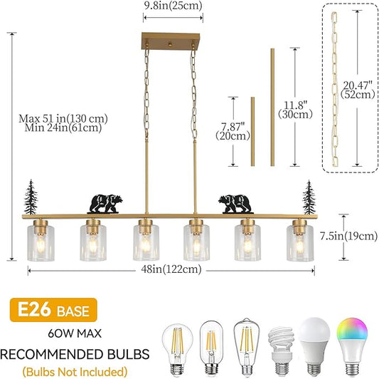 Gold Dining Room Light Fixture/Chandelier Over Table,6-Light Kitchen Island Lighting Hanging for Farmhouse Linear Chandeliers Ceiling Pendant Light Fixtures with Clear Glass Shade
