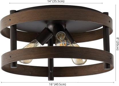 JONATHAN Y 16" Dark Brown Wood and Oil Rubbed Bronze 3-Light Iron Flush Mount, Farmhouse Industrial Round Ceiling Light for Kitchen Bedroom Hallway, LED Bulbs Included JYL1305A