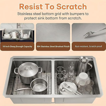 30 Inch Undermount Kitchen Sink Double Bowl, 16 Gauge T-304 Stainless Steel Workstation Sinks with Accessories, 30"x 18" x 10" Large and Deep Double Modern Sink; 50/50 Double Basin Features
