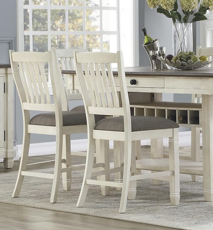 Antique White Counter Height Chairs, Set of 2, Textured Fabric Upholstery, Wood Dining Chairs, Kitchen Island Seating