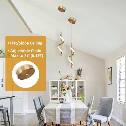 CANEOE Gold Pendant Light, Spiral Modern Led Pendant Lighting for Kitchen Island, 5500K Brushed Brass Ceiling Hanging Light Fixture for Dining Room Bedroom Sink Table Small Pendant Lights
