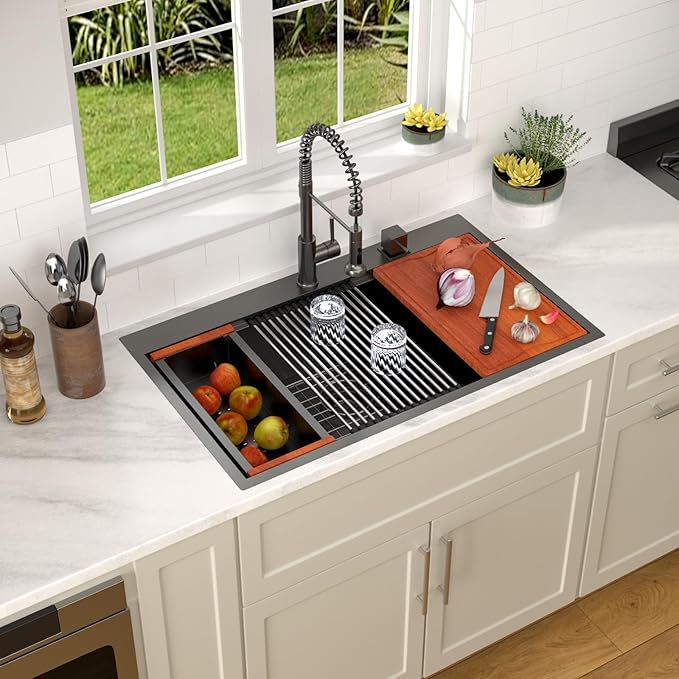 Dcolora 30 Inch Black Kitchen Sink Drop In, Nano-PVD Black Stainless Steel Workstation Sink Single Bowl Topmount with Accessories All-In-One, #DC-T8863 30"x22"x10"