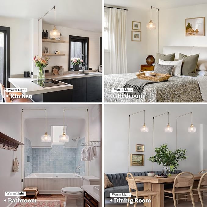 Shenmoyl Plug in Pendant Light Hanging Light Fixtures with Plugin Cord On/Off Switch,Clear Striped Glass Lampshade Brass Pendant Light