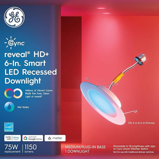 GE Cync Reveal® Smart LED Recessed Downlight, Color Changing WiFi Light, Matter Compatible, Compatible with Alexa and Google Home, 6in (3-Pack)