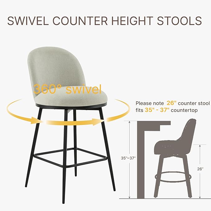 26" Counter Height Swivel Bar Stools Set of 4, Upholstered Linen Fabric Barstools with Backs and Metal Legs for Kitchen Island,Grey
