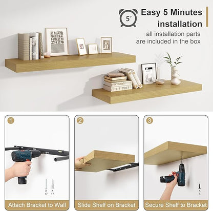 Heimlove 12" Deep Oak Floating Shelves,Over Toilet Long Wall Mounted Modern Farmhouse 36 inches,Wall Shelves with Invisible Brackets for Bedroom, Bathroom, Living Room, Kitchen, Set of 1