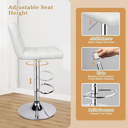 ERGOSEAT Bar Stools Set of 2,Armless Adjustable Swivel Barstools with Back,6-Squares Double Needle PU Leather Counter Height Bar Stools for Kitchen Island,White