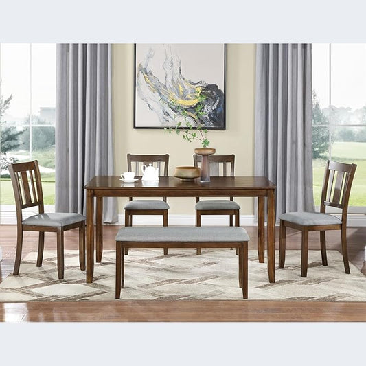 6-Piece Wooden Dining Table Set with 4 Upholstered Chairs and 1 Bench, Rectangular Kitchen Table Set for 7 People, Modern Dining Room Table for Kitchen and Dining, Walnut