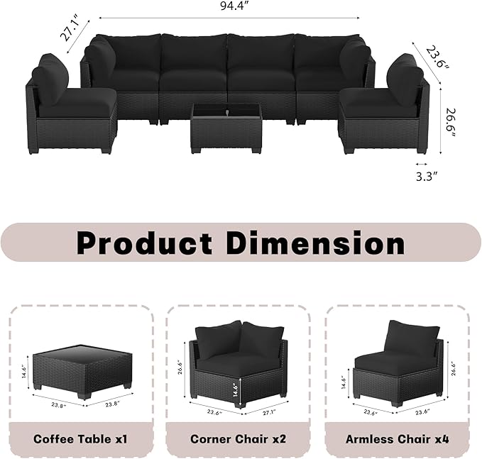 Patio Furniture Set, 7-Piece Outdoor Sectional Couch with Coffee Table & Thick Cushions, Outdoor Wicker Conversation Set for Backyard, Poolside, Garden (Crossbody Black-Black, 7 Piece-Single)