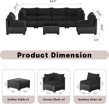 Patio Furniture Set, 7-Piece Outdoor Sectional Couch with Coffee Table & Thick Cushions, Outdoor Wicker Conversation Set for Backyard, Poolside, Garden (Crossbody Black-Black, 7 Piece-Single)
