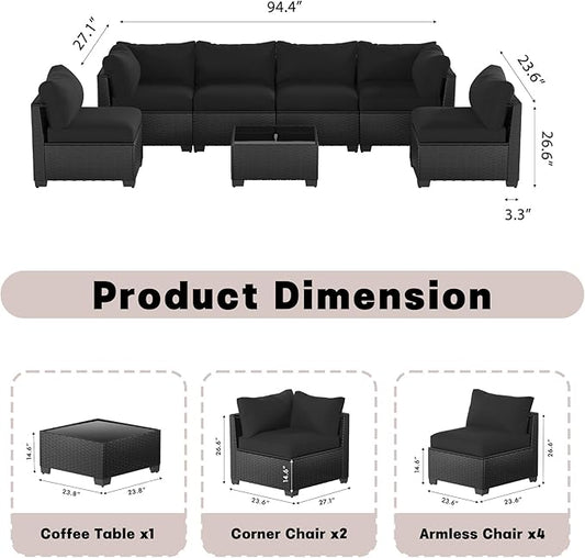 Patio Furniture Set, 7-Piece Outdoor Sectional Couch with Coffee Table & Thick Cushions, Outdoor Wicker Conversation Set for Backyard, Poolside, Garden (Crossbody Black-Black, 7 Piece-Single)