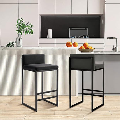 Velvet Stools with Low Back Mid-Century Upholstered Armless Chairs for Kitchen Island Home Pub Grey + Gold Sitting Height 65cm (Black + Black 25.6in)