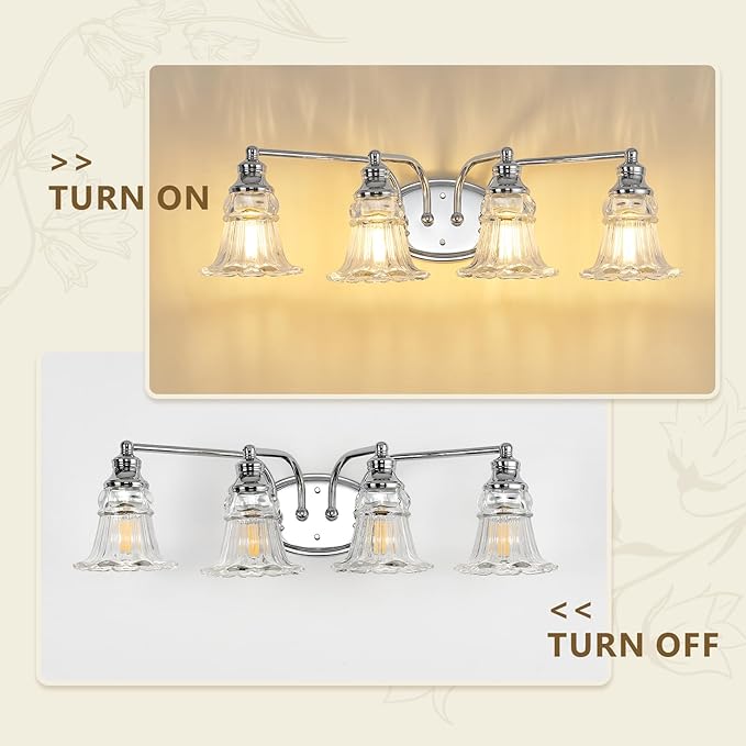 4-Light Bathroom Light Fixtures Over Mirror, Vintage Vanity Lights with Clear Floral Glass Shades, Chrome